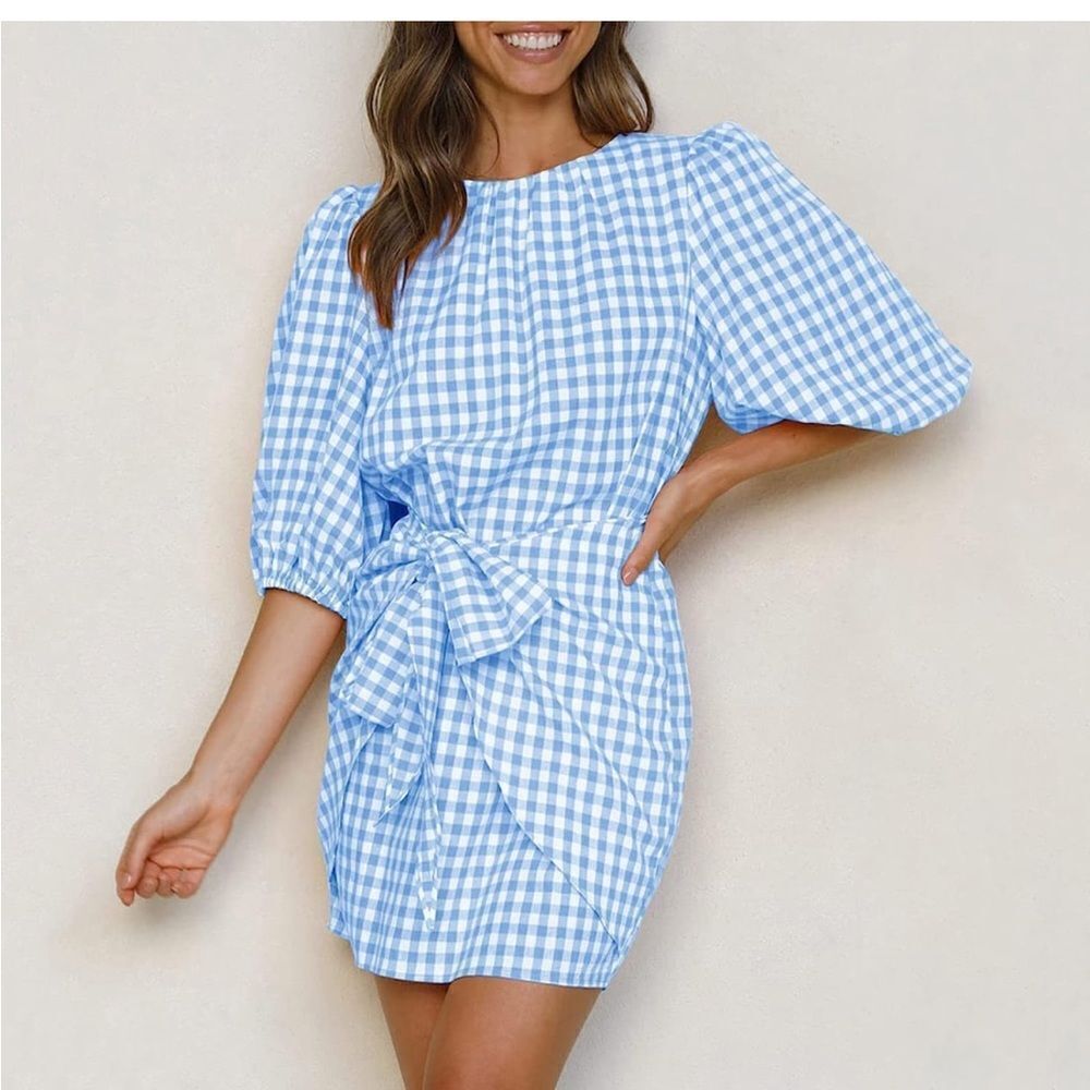 Boutique Plaid Lantern Sleeve Wrap Tie Waist Short Mini Dress Blue Sz M NWT